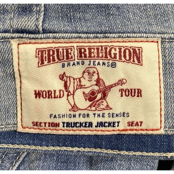 True Religion Blue Denim Distressed Chain Statement Jacket Sz S Biker - Picture 9 of 9